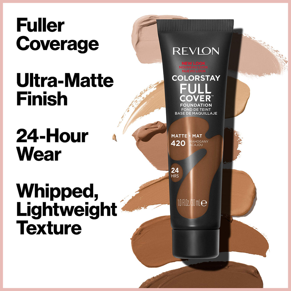 Close-up texture of Revlon foundation showing velvety matte blendability.
