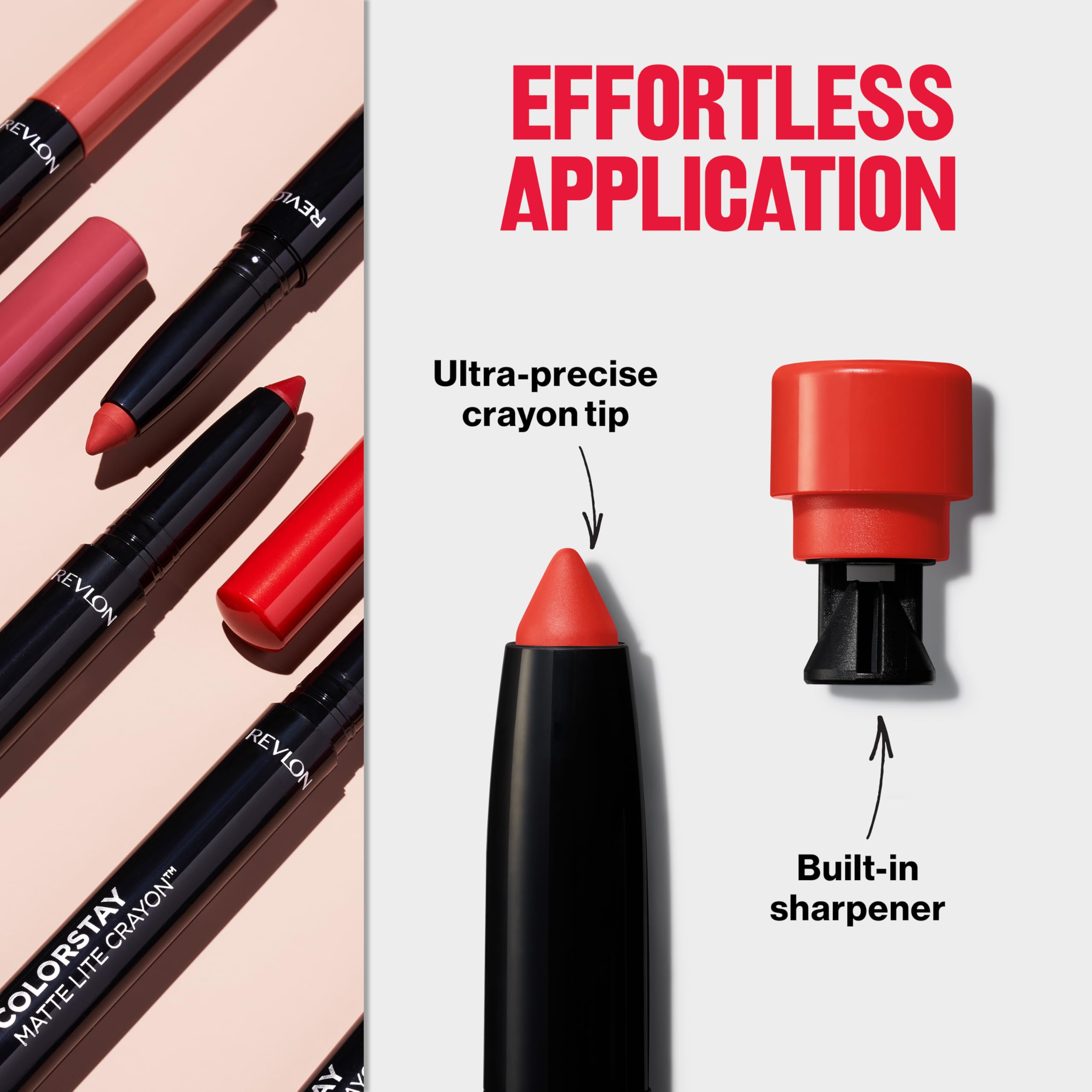 REVLON ColorStay Matte Lite Crayon Lifted swatch on lips demonstrates smudge-proof color.