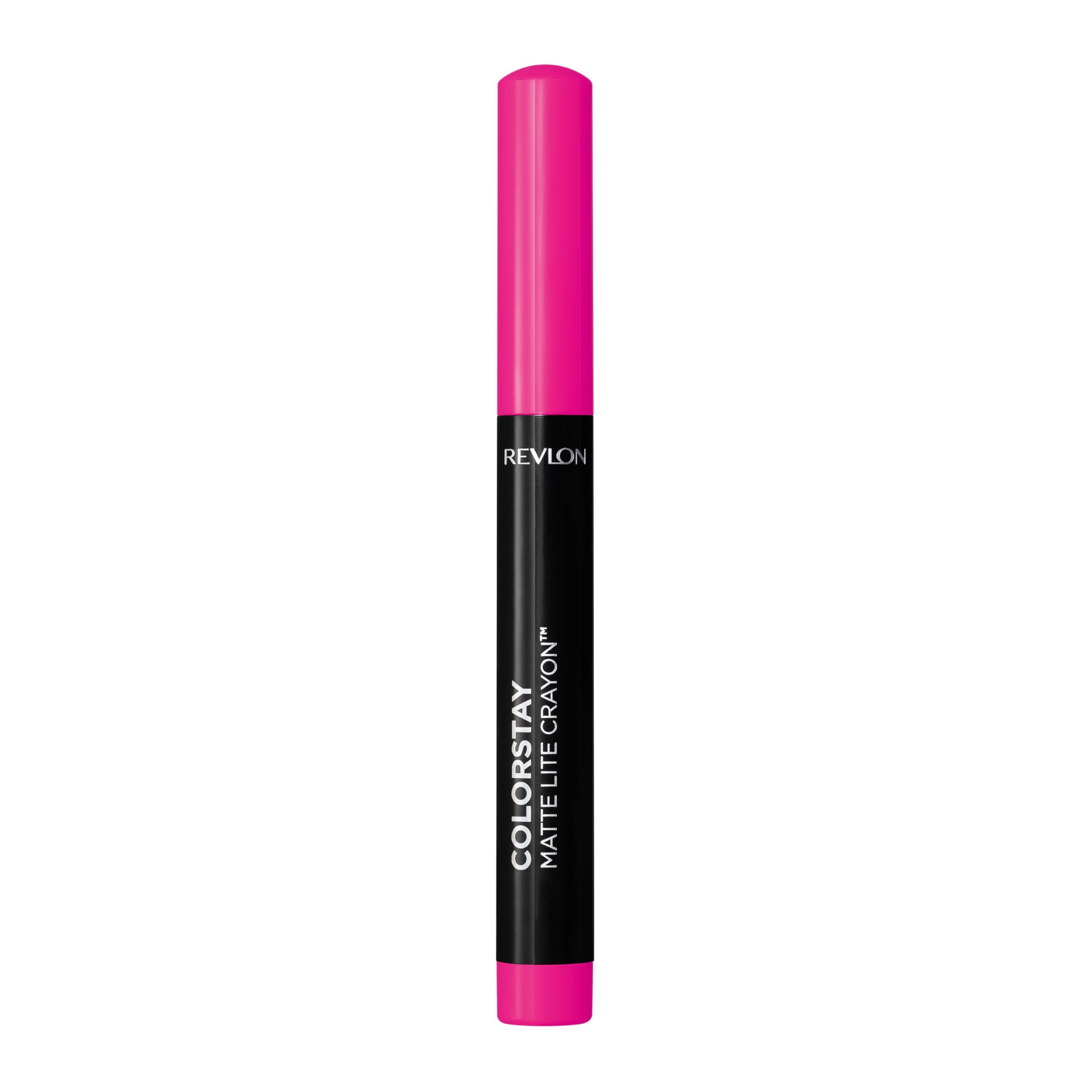 Revlon ColorStay Matte Lite Crayon Mile High swatch on packaging shows bold, long lasting color.