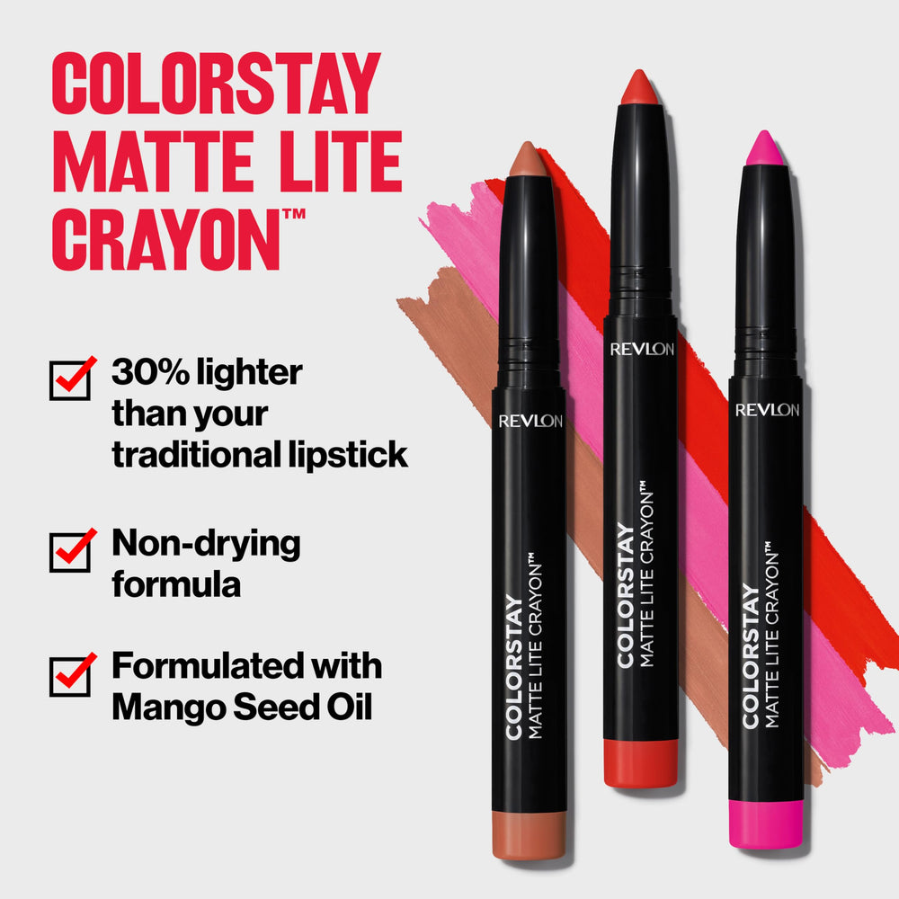 REVLON ColorStay Matte Lite Crayon Mango Seed Oil texture swatch suggests lip conditioning.