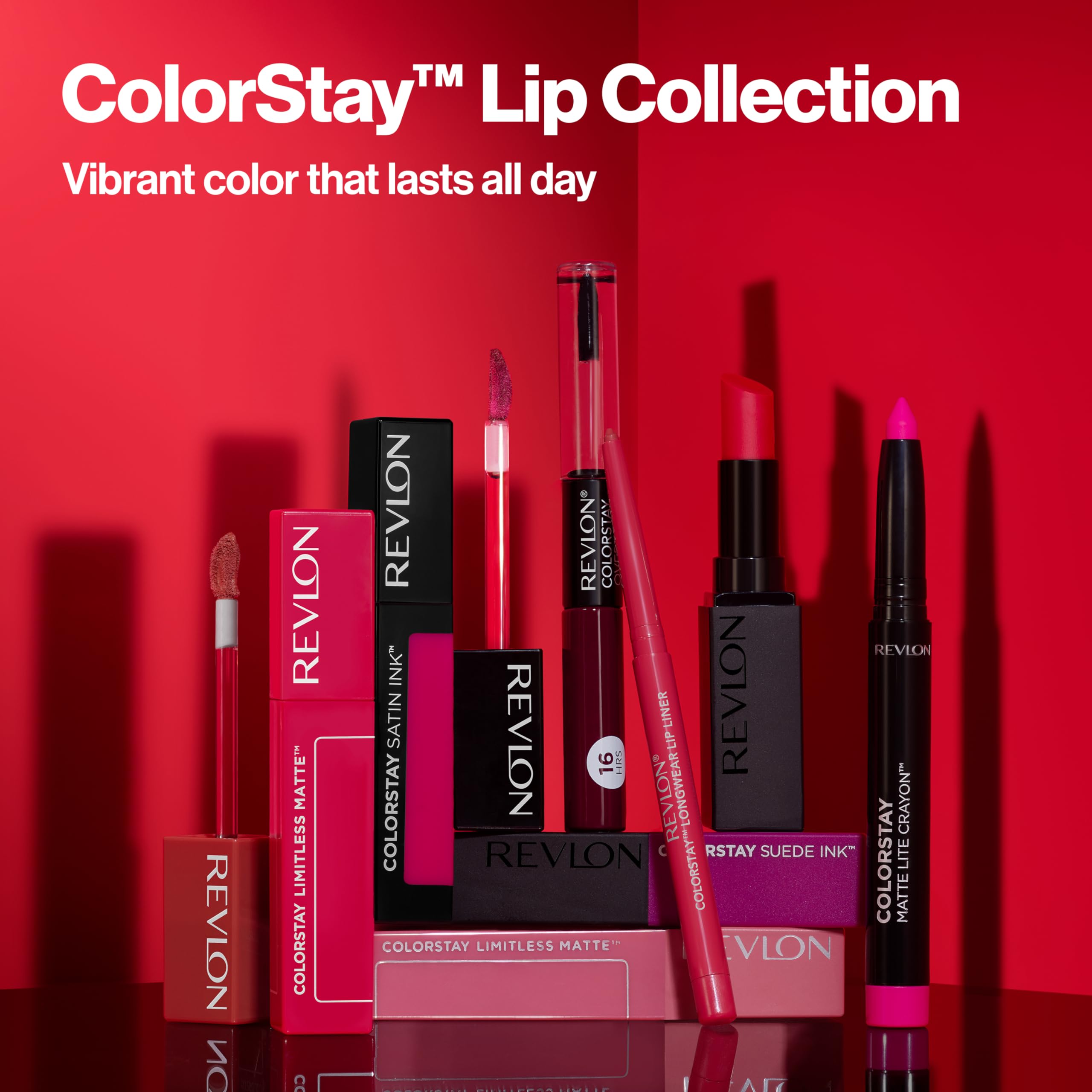 Moisture-rich gloss ingredients like vitamin E in REVLON lipgloss topcoat.