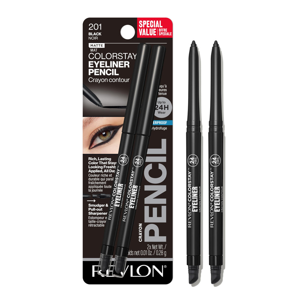 Revlon ColorStay pencil front packaging showing two black eyeliners and branding benefit of value