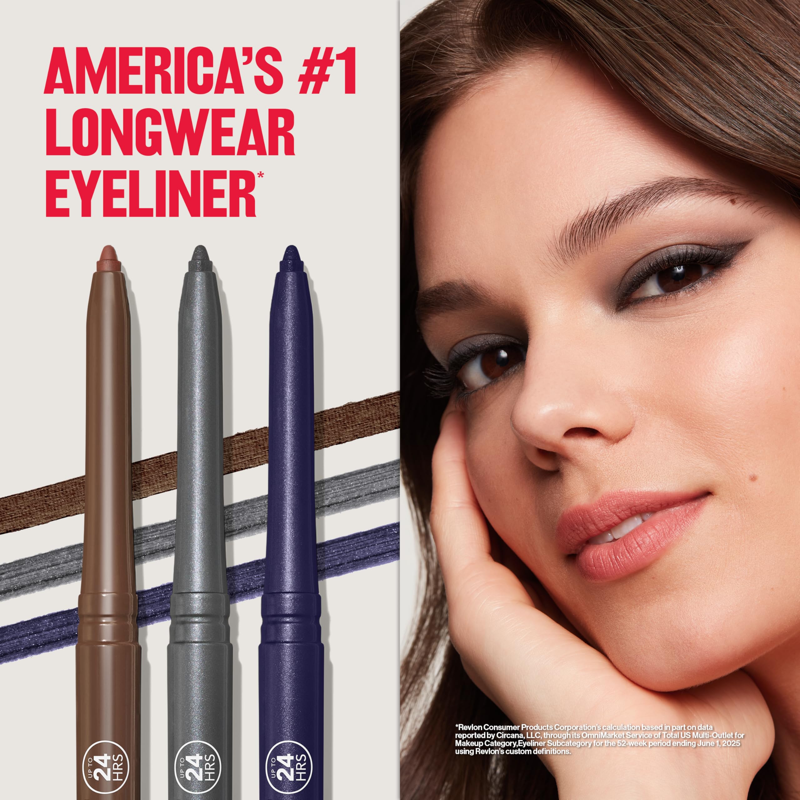 Revlon ColorStay pencil beside ruler showing compact size and portable benefit
