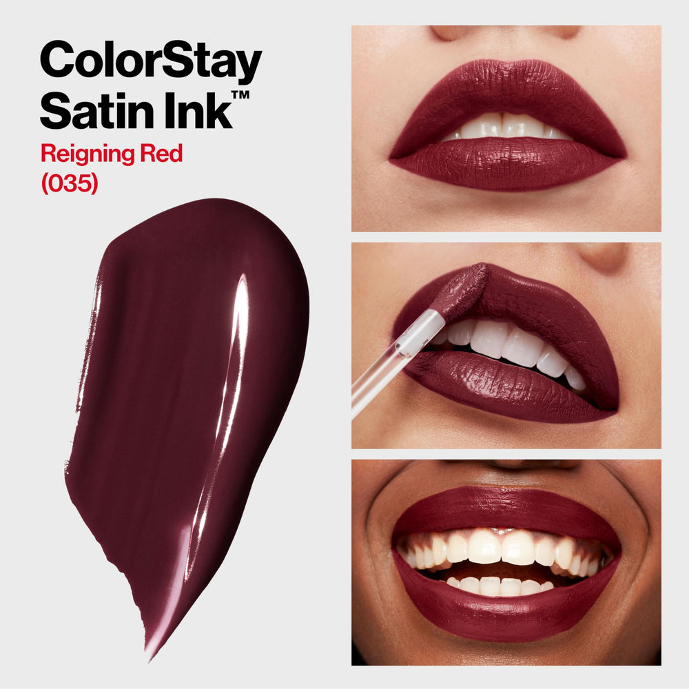 REVLON ColorStay Satin Ink Crown Jewels reigning red swatch delivers bold daytime shade