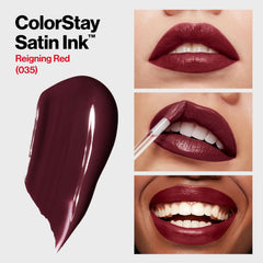 REVLON ColorStay Satin Ink Crown Jewels reigning red swatch delivers bold daytime shade