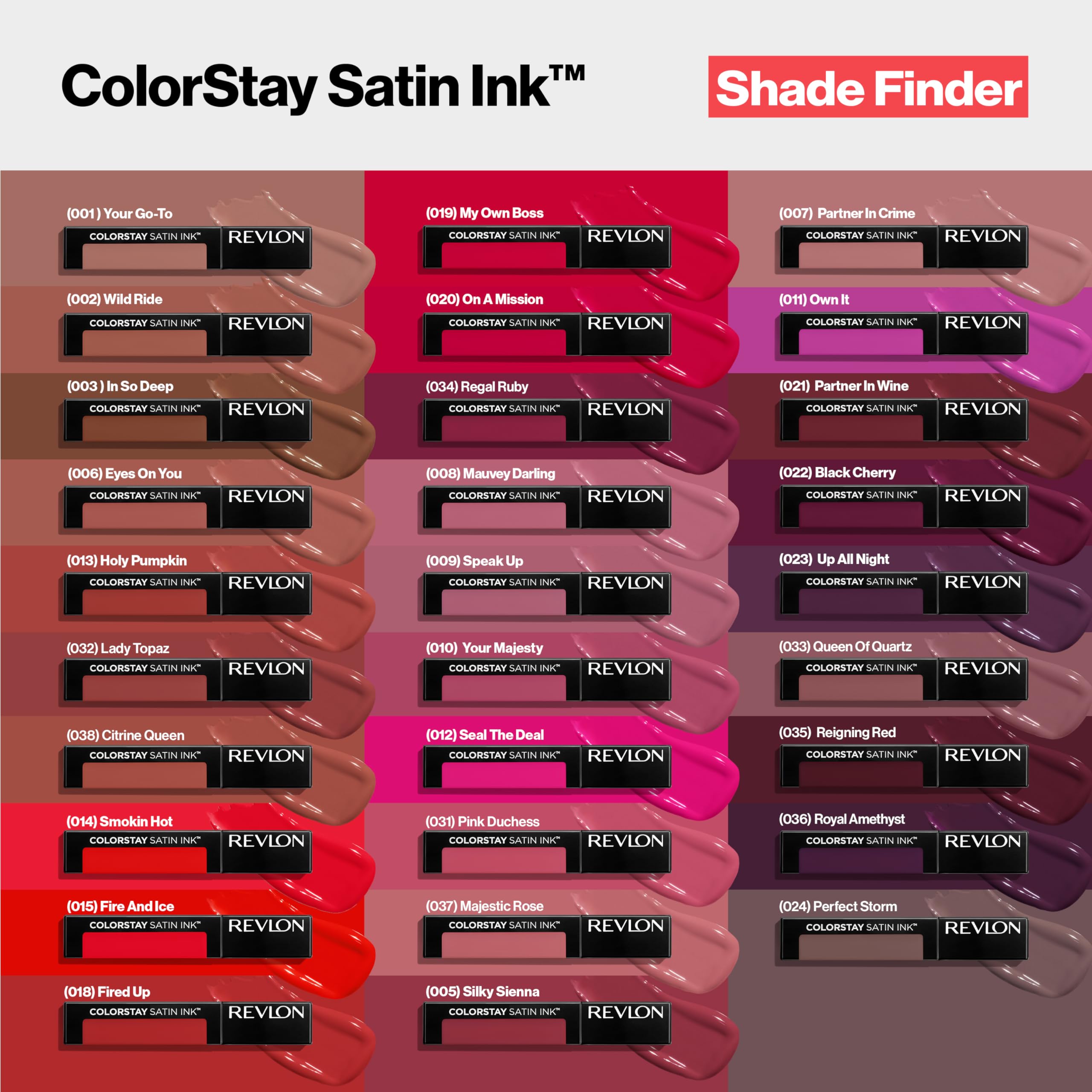 REVLON ColorStay Satin Ink packaging back view shows product details.