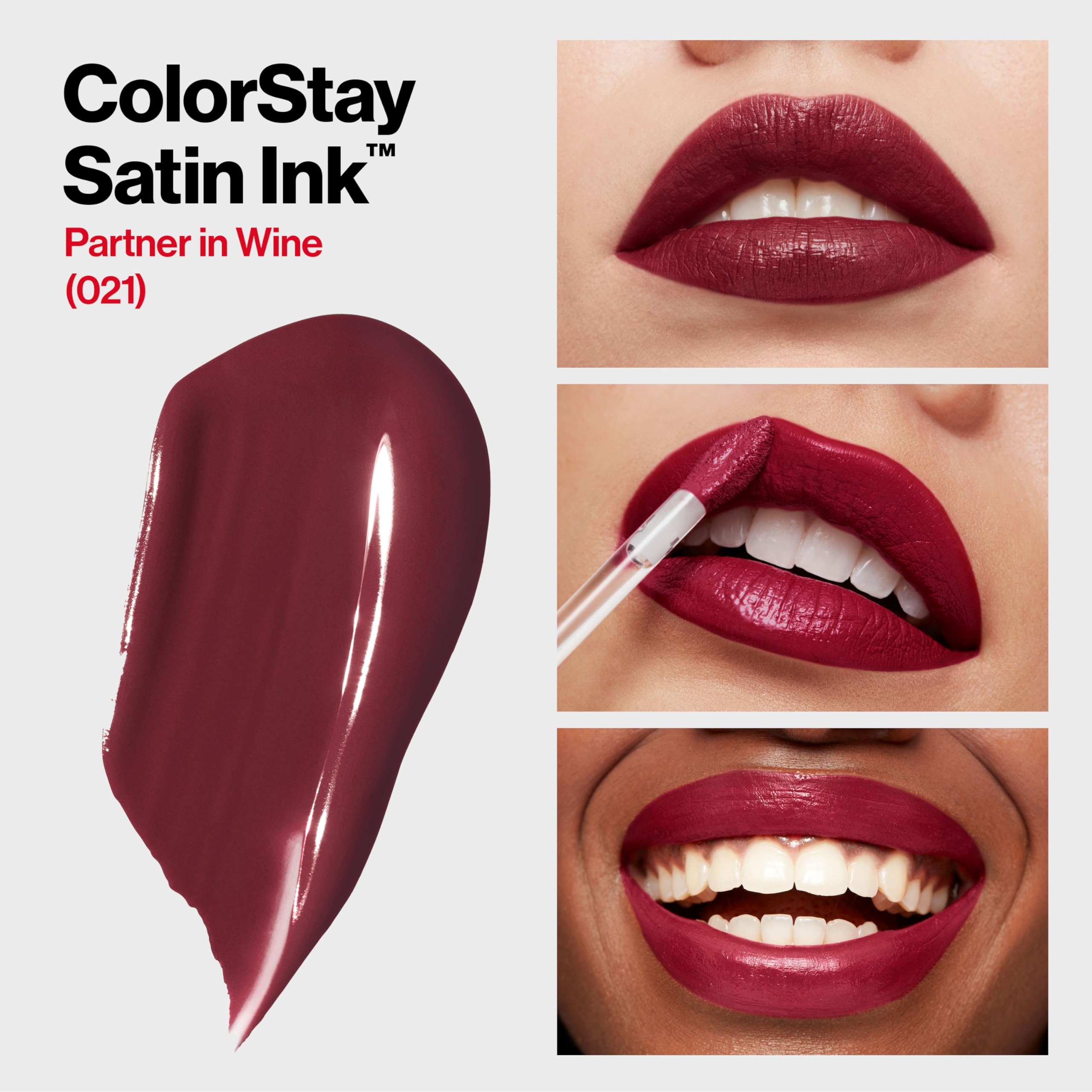 REVLON ColorStay Satin Ink Partner in Wine application on lips demonstrates smooth wear.