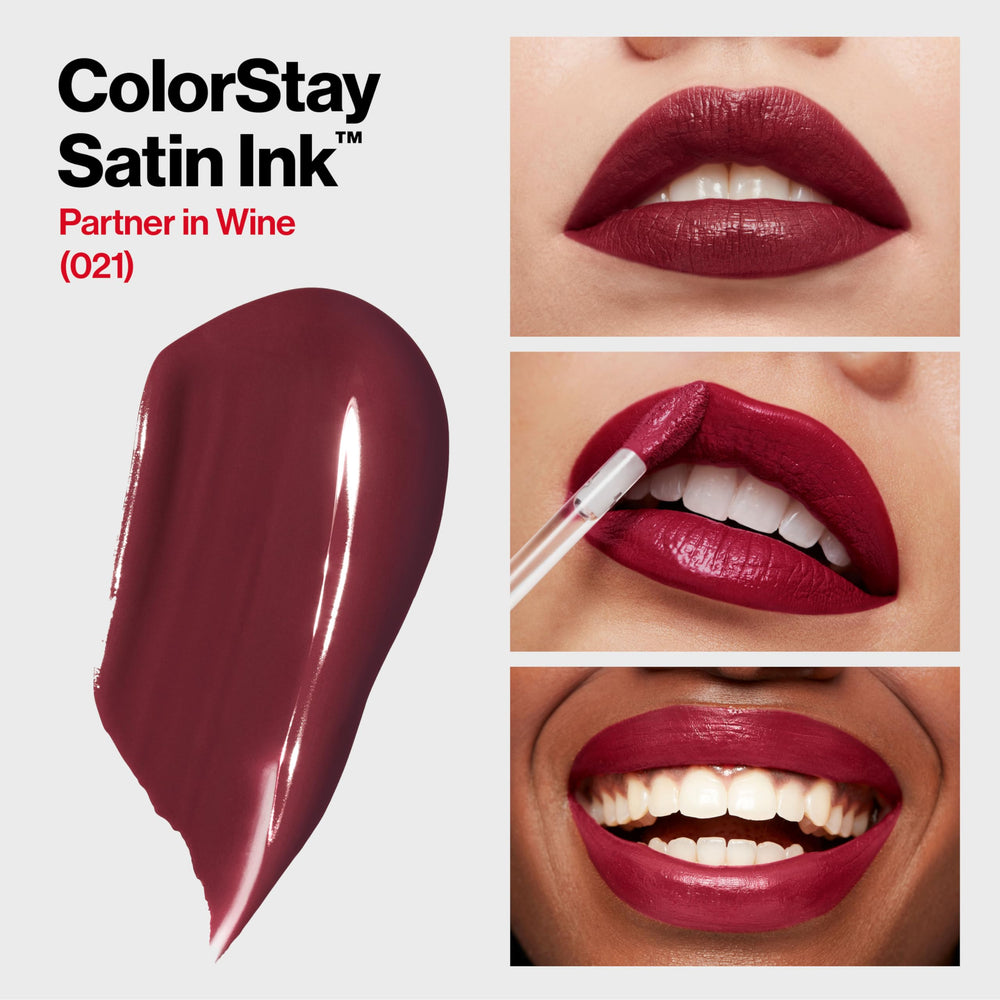 REVLON ColorStay Satin Ink Partner in Wine application on lips demonstrates smooth wear.