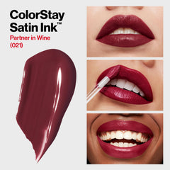 REVLON ColorStay Satin Ink Partner in Wine application on lips demonstrates smooth wear.
