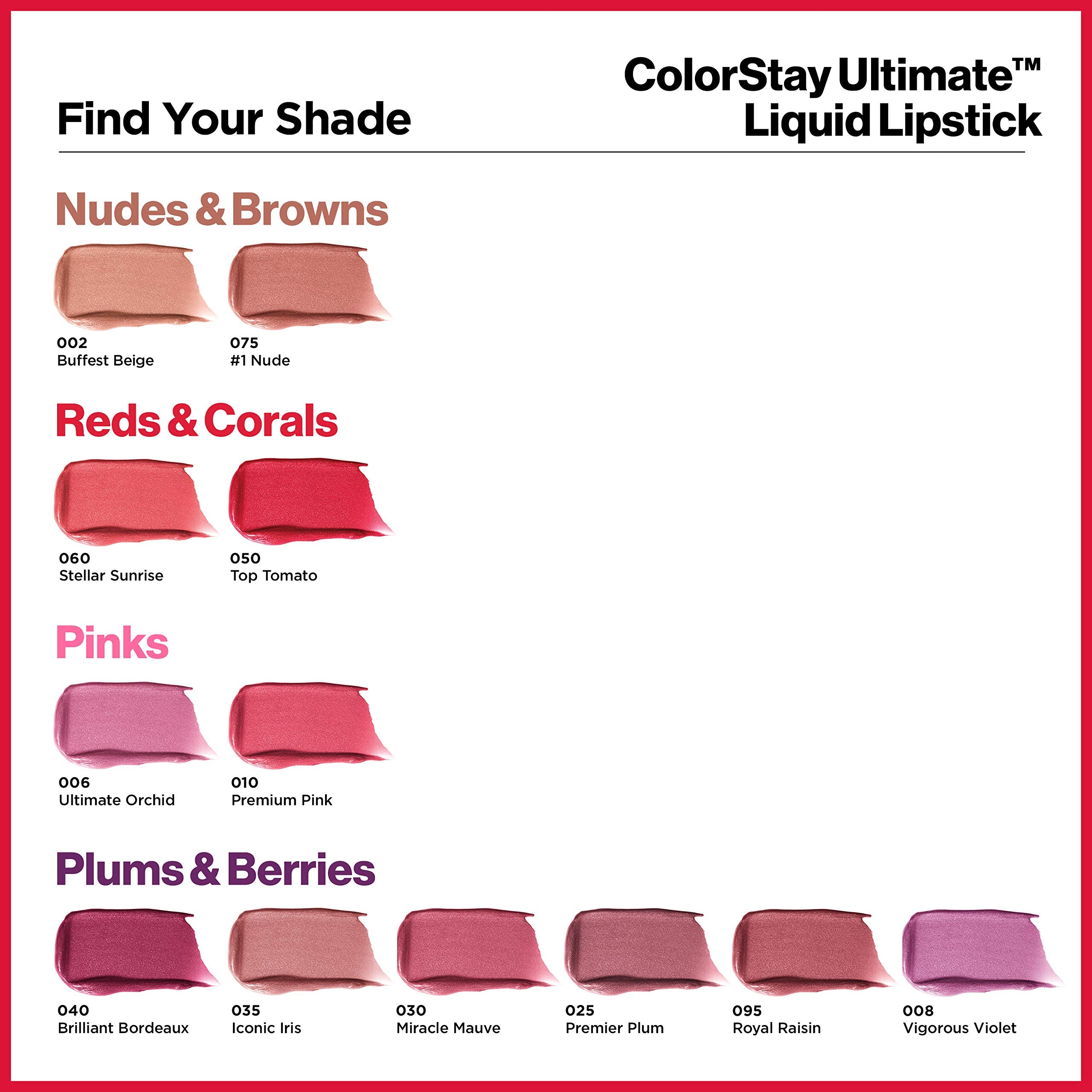 Revlon ColorStay Ultimate Liquid Lipstick shade range shows 12-shade collection