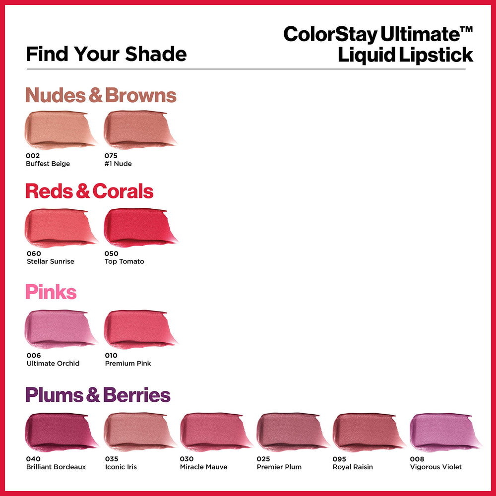 Revlon ColorStay Ultimate Liquid Lipstick shade range shows 12-shade collection