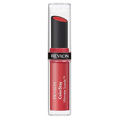 Revlon ColorStay Ultimate Suede swatch on lips Finale shade demonstrates rich pigment