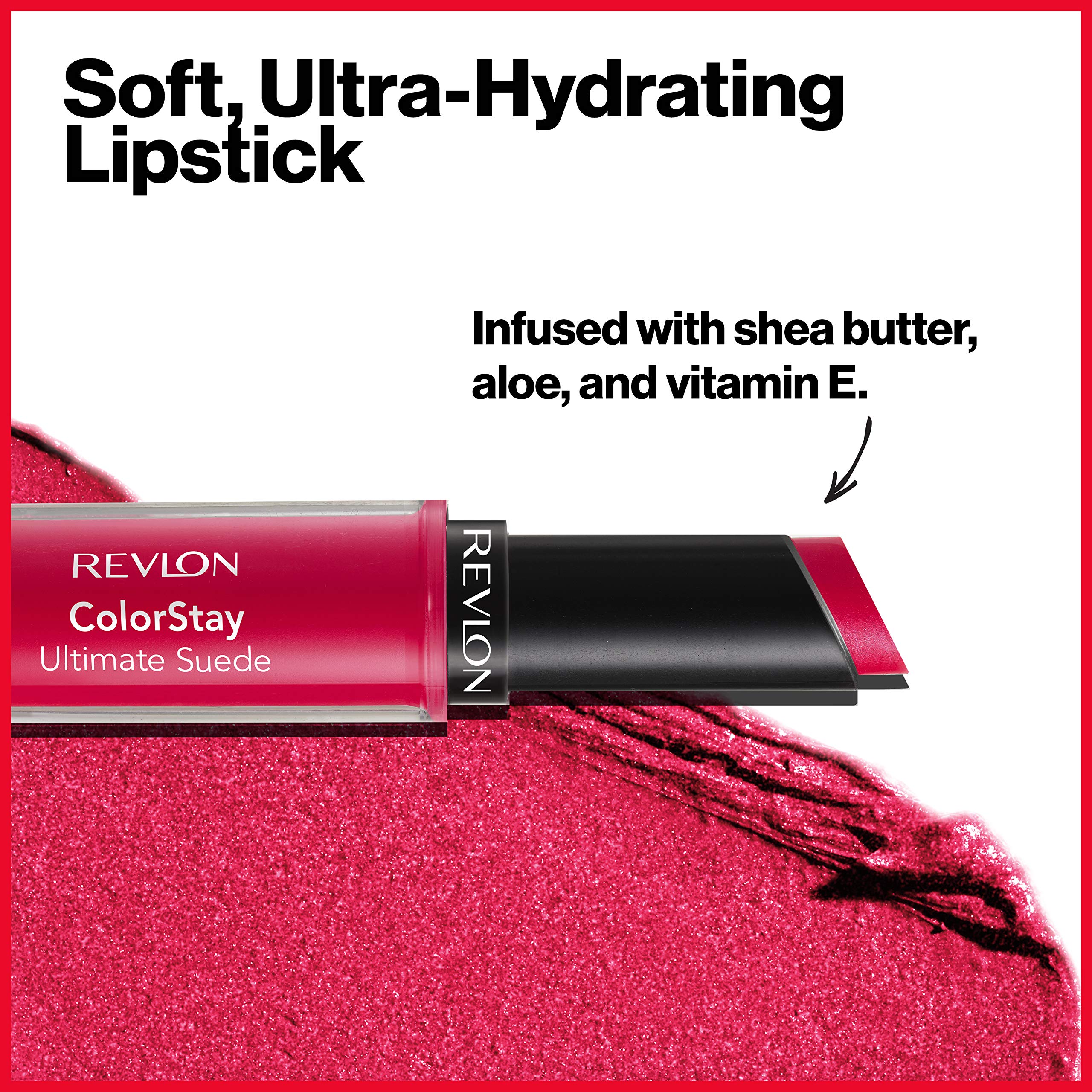Revlon ColorStay Ultimate Suede packaging and shade swatch on lips