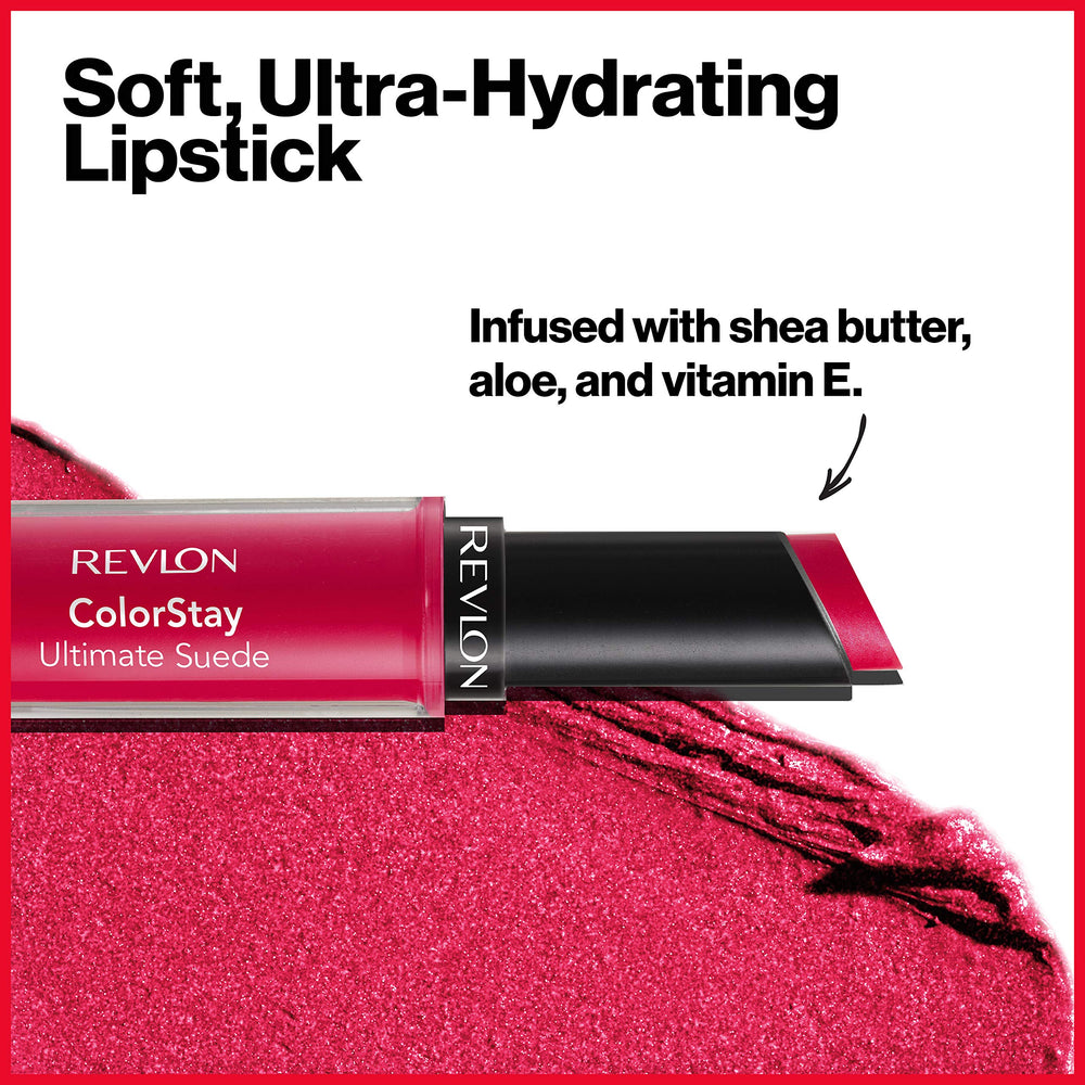 Revlon ColorStay Ultimate Suede packaging and shade swatch on lips