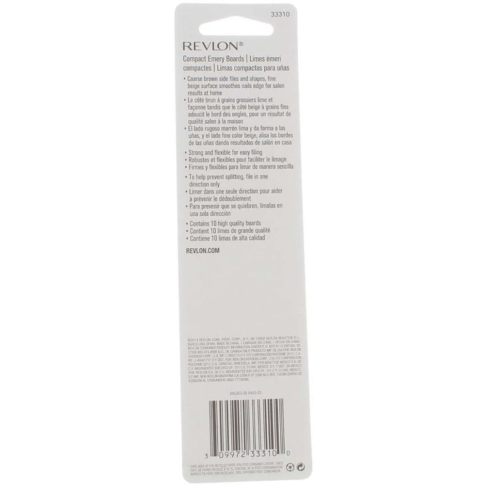 REVLON Compact Emory Board triple-pack packaging for convenient at-home grooming.
