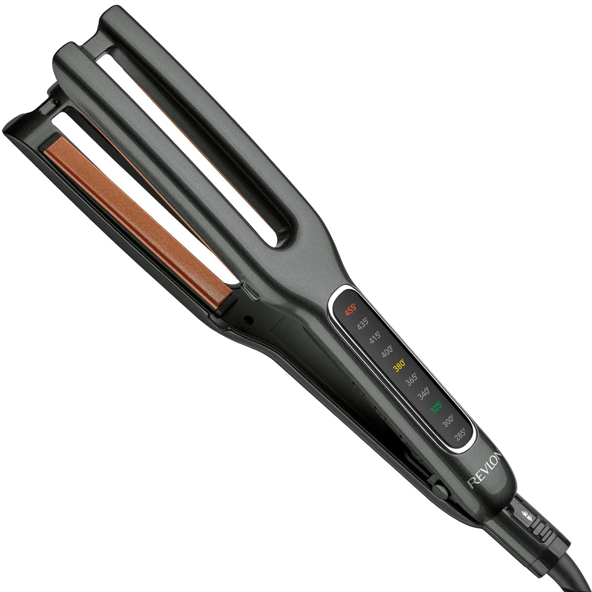 REVLON Double Straight plates close-up showing even heat for smoother results.