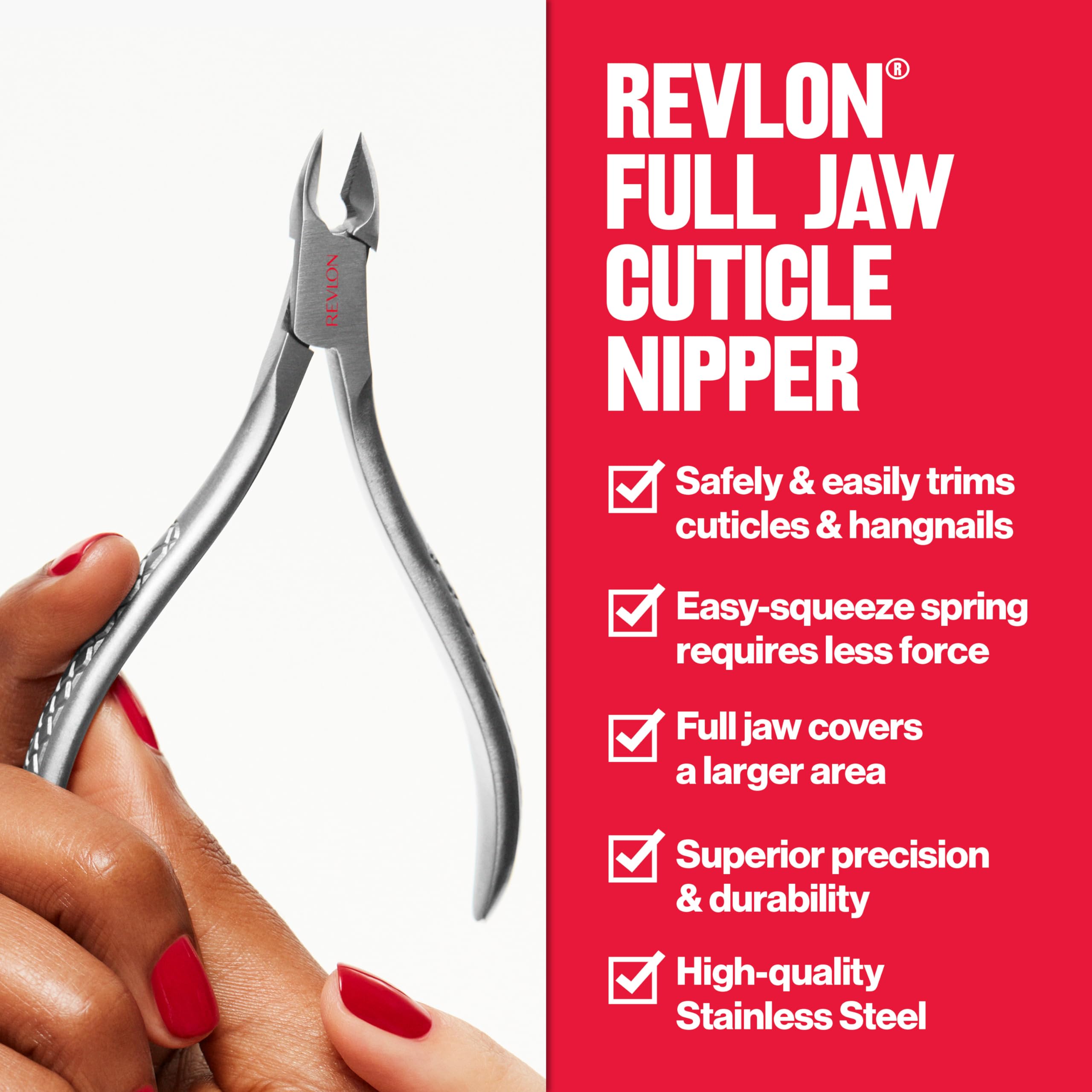 REVLON Full Jaw Cuticle Nipper in hand for clean, controlled cuticle maintenance