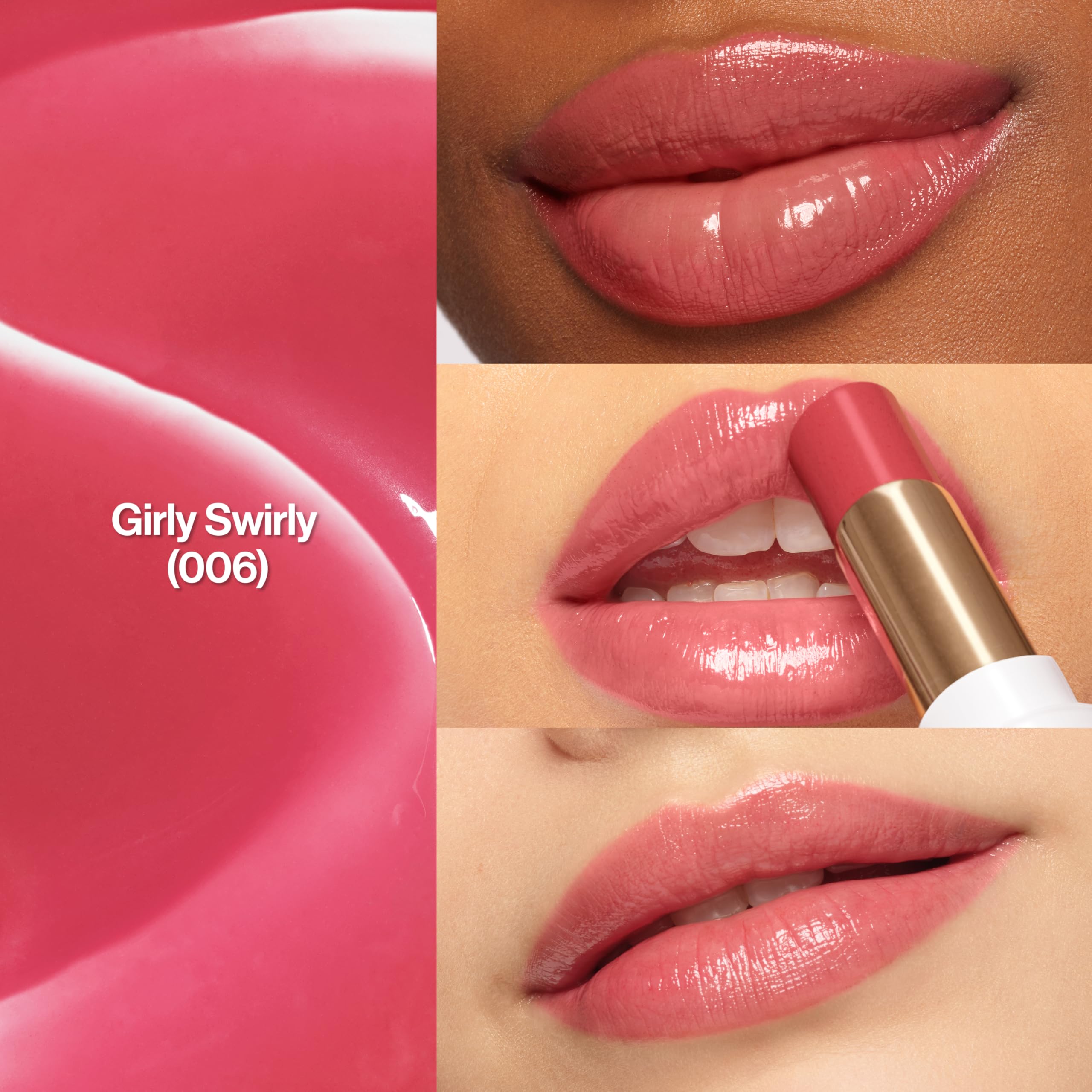 REVLON Glass Shine Balm Girly Swirly swatch on lips captures medium pink glow.