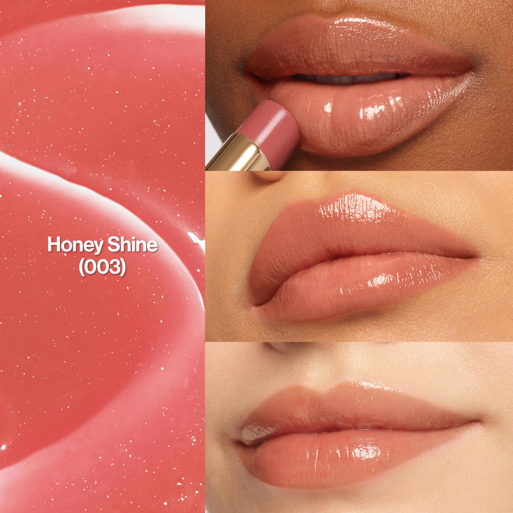 REVLON Glass Shine Balm Honey Shine swatch highlights coral-rose with gold shimmer.