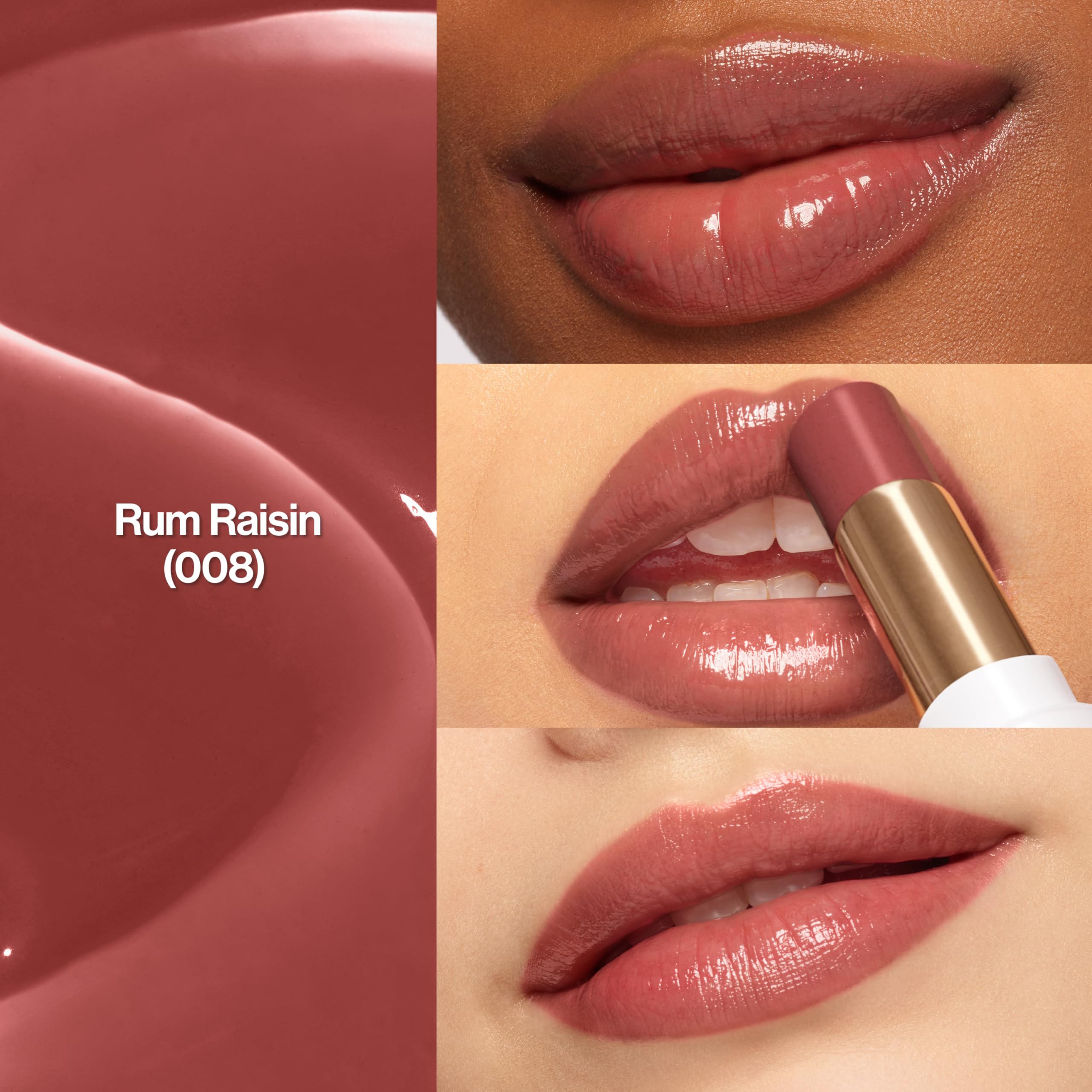 REVLON Glass Shine Balm Rum Raisin swatch on lip line shows rich red-brown tone.