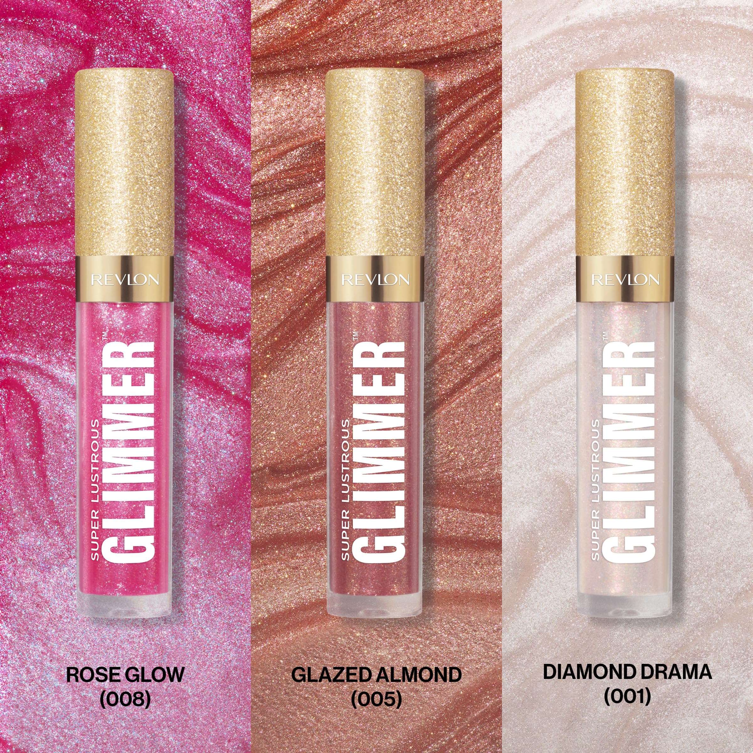 REVLON Glimmer Gloss Glazed Almond tube shows coppery pink shade with lightweight comfort.