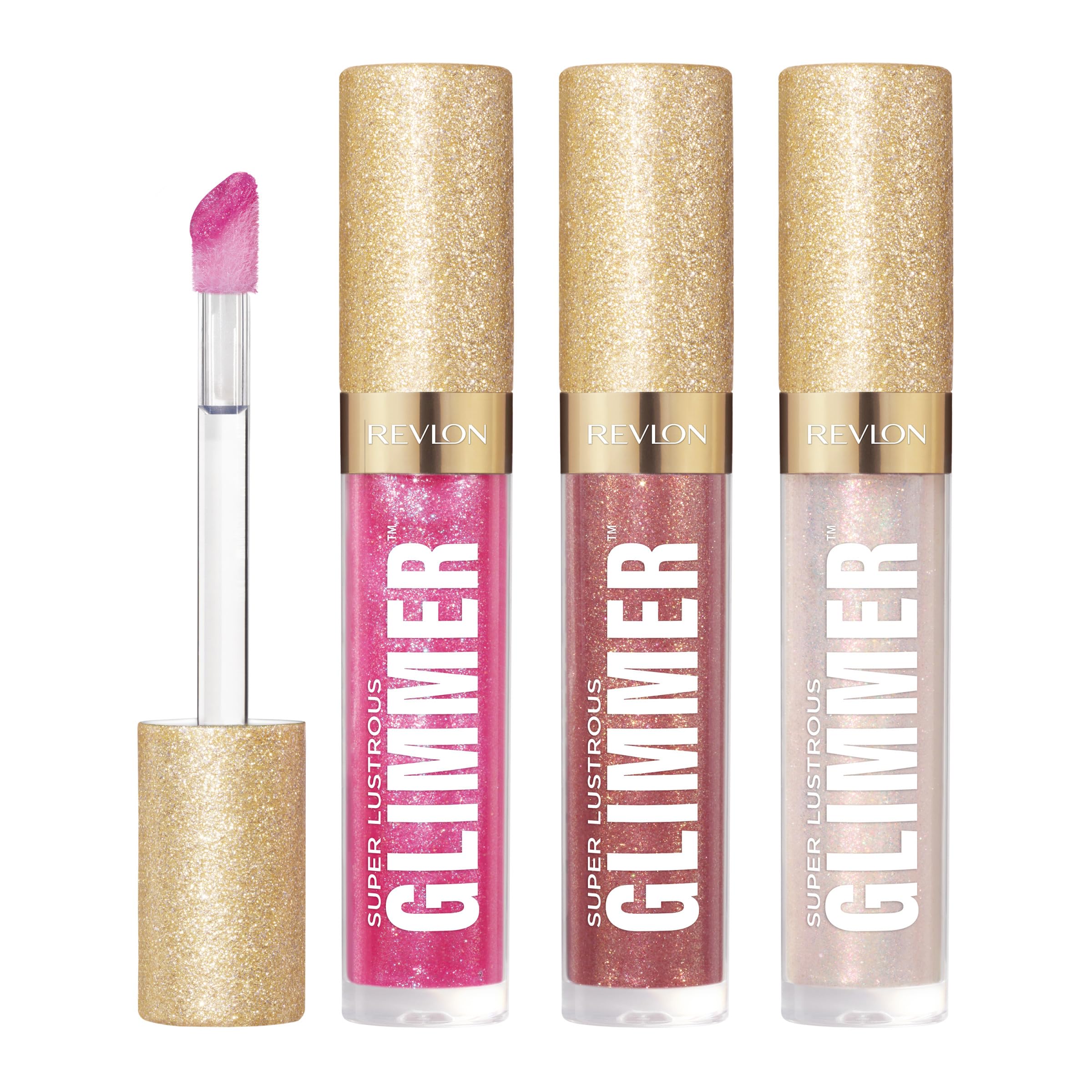 REVLON Glimmer Gloss Rose Glow bottle with plant-based glitter for luminous day-to-night shine.
