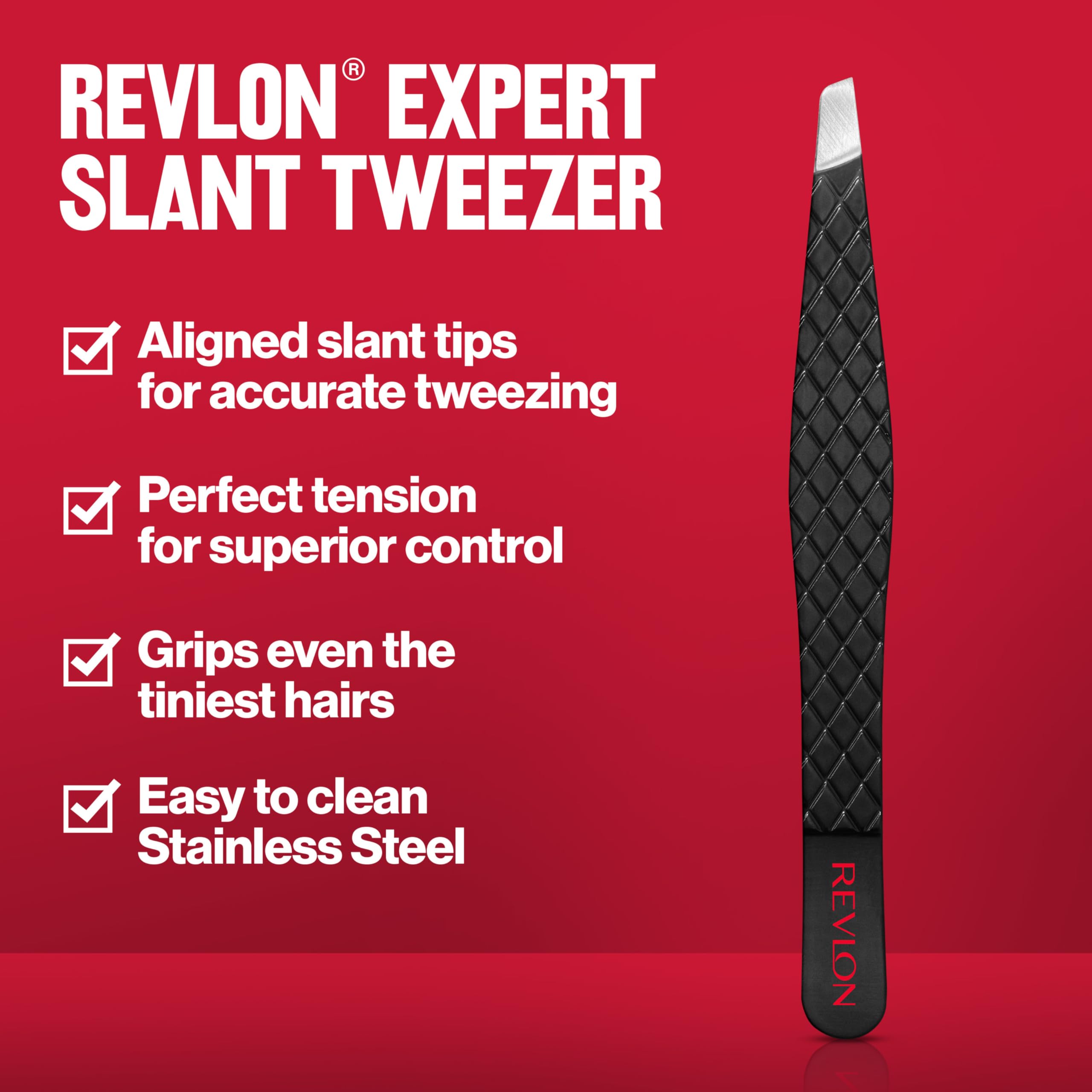 Revlon handle detail showing textured grip for controlled tweezing