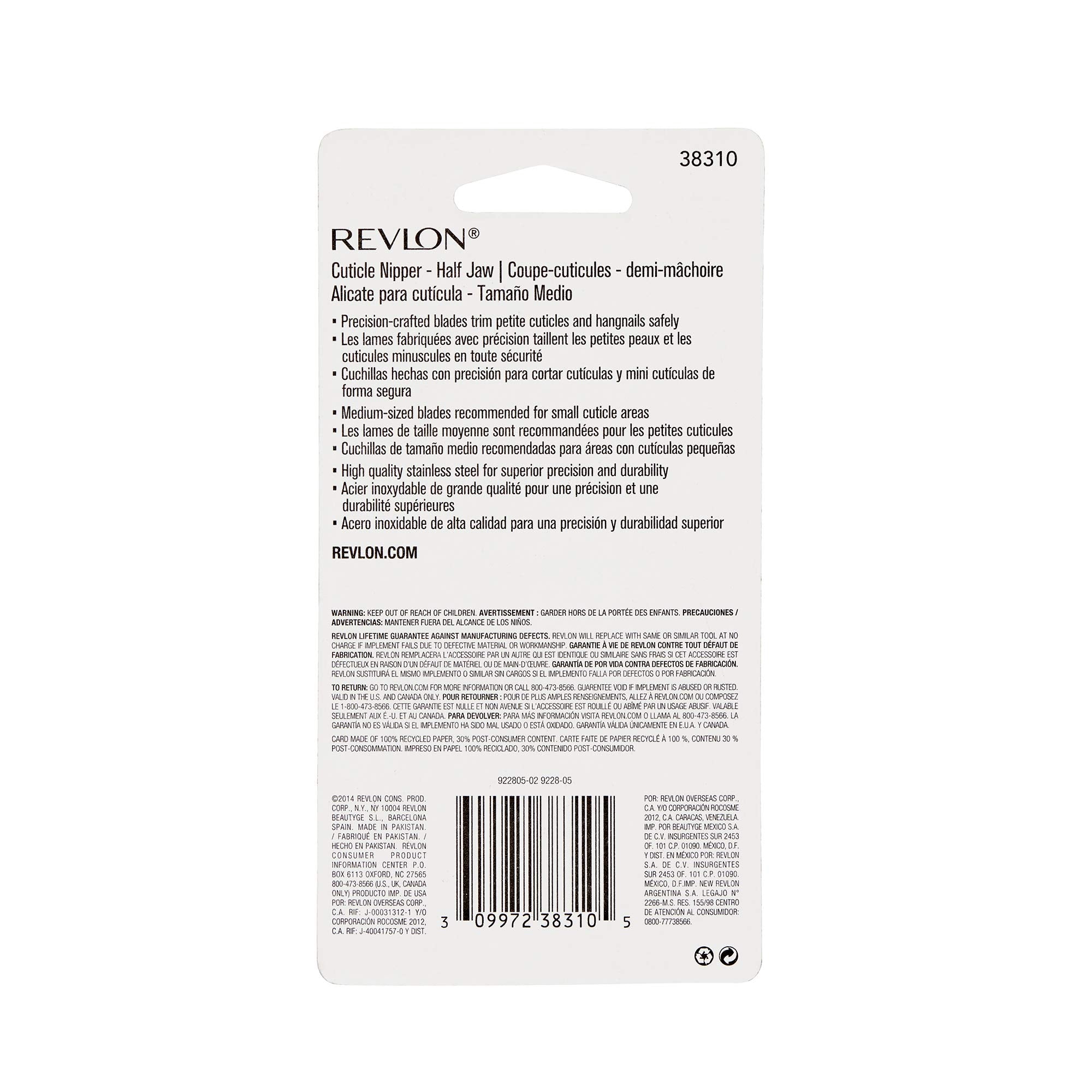Revlon Half Jaw Cuticle Nipper packaging highlights durable stainless steel.