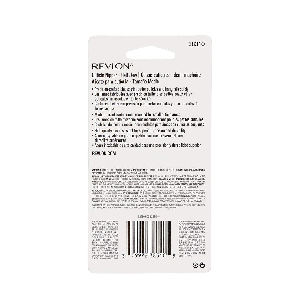 Revlon Half Jaw Cuticle Nipper packaging highlights durable stainless steel.