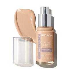 Revlon Illuminance foundation bottle close-up showing hydrating formula for radiant skin.