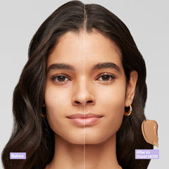 Revlon Illuminance foundation bottle pouring demonstrates lightweight texture for easy blending.