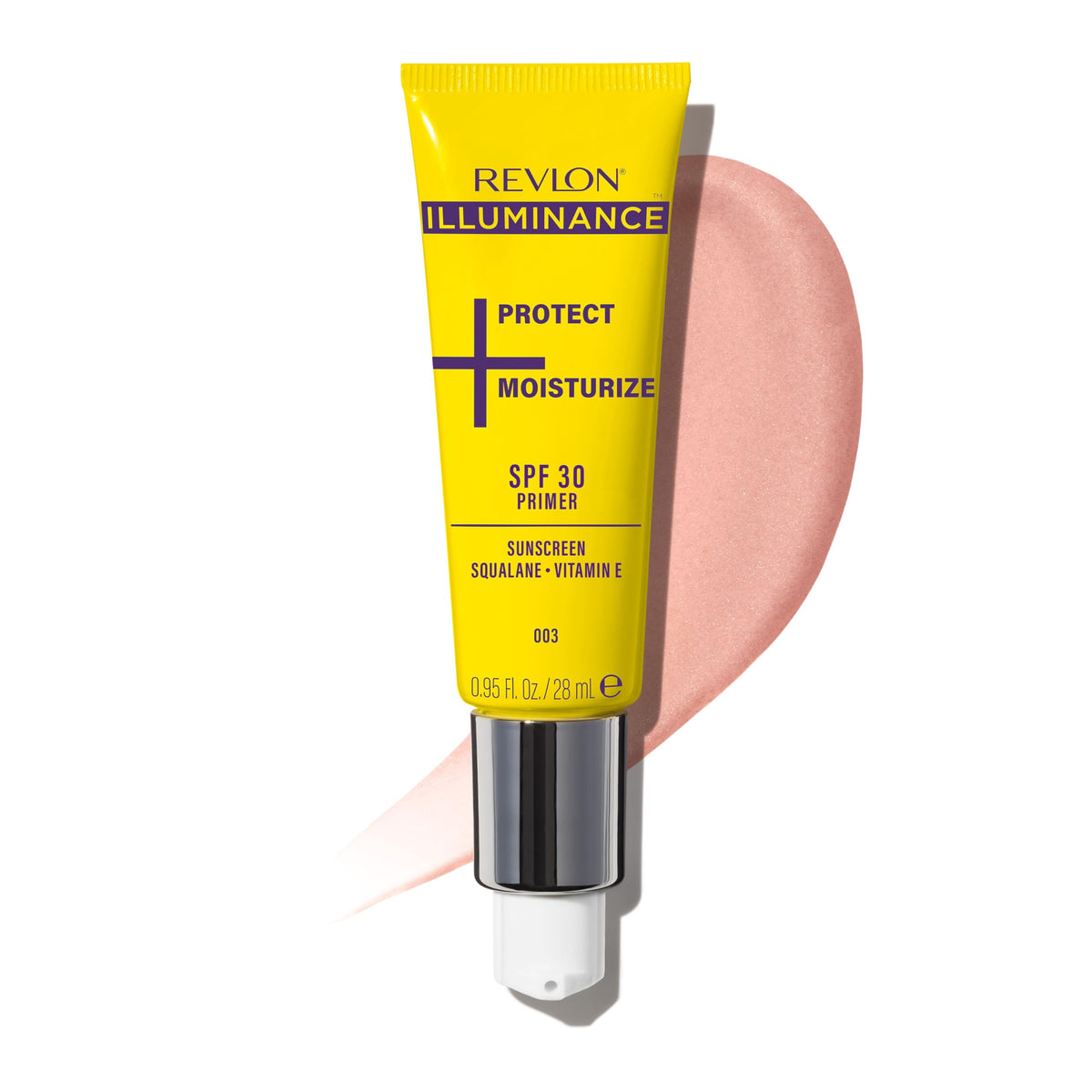 REVLON Illuminance primer pump bottle offers quick SPF 30 makeup prep.