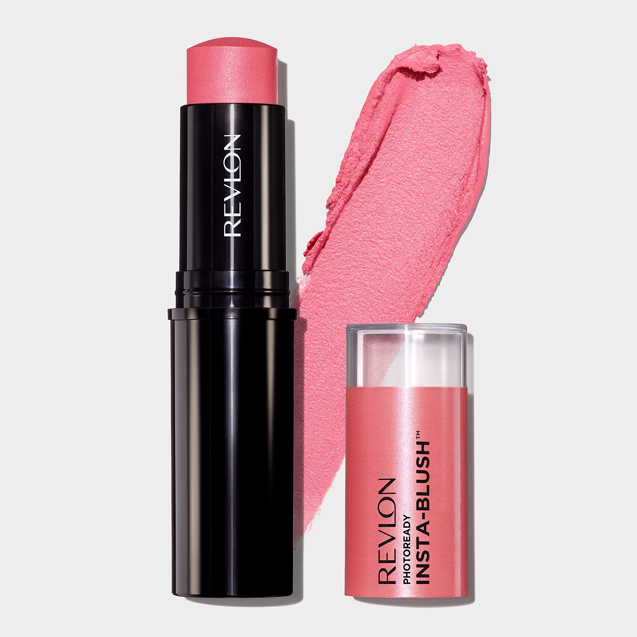 Revlon Insta-Blush Stick Candy Kiss swatch highlights sheer color and blendable formula.