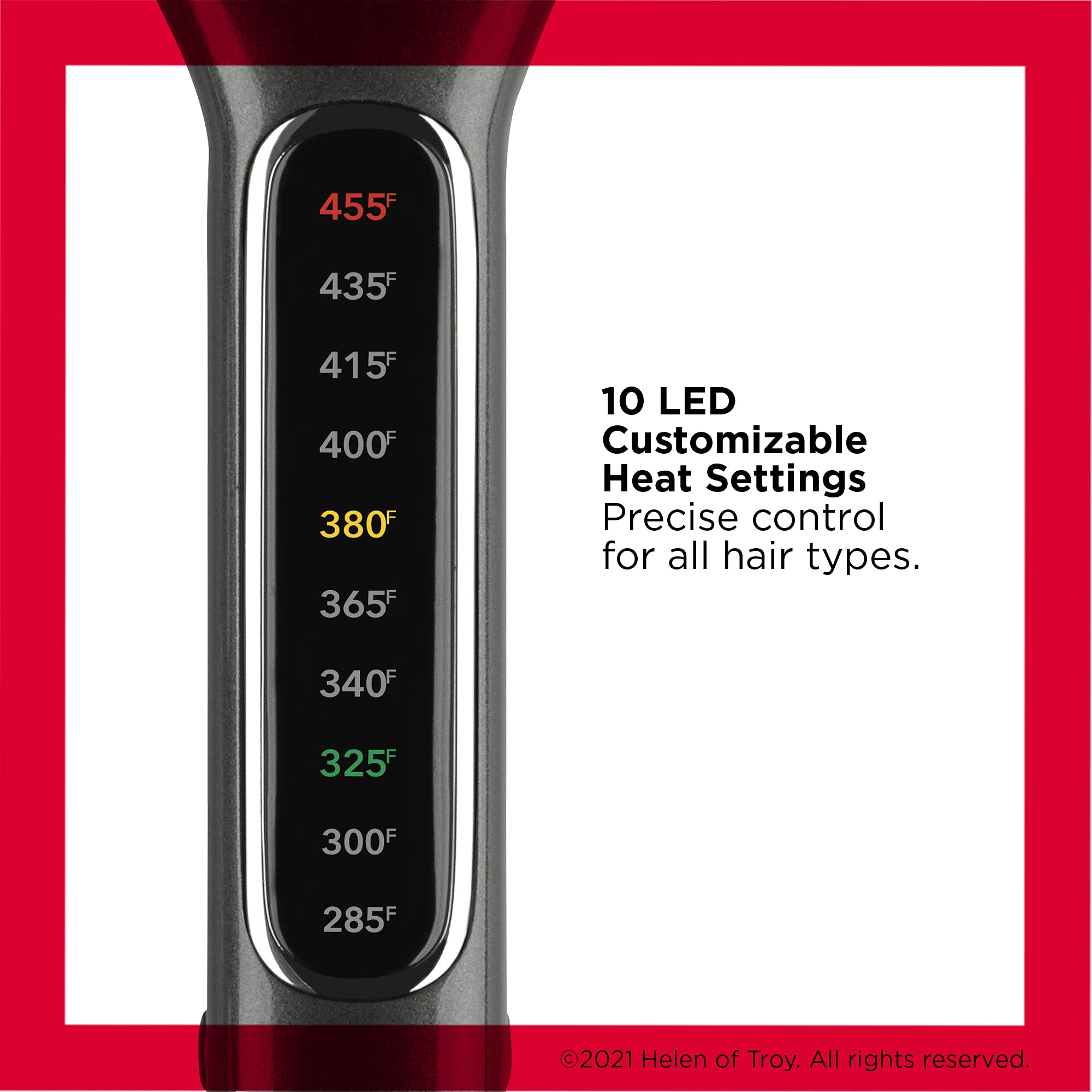 REVLON LED temperature display demonstrates adjustable heat up to 455°F for versatile styling.