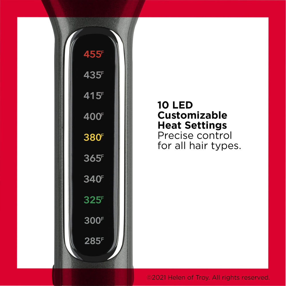 REVLON LED temperature display demonstrates adjustable heat up to 455°F for versatile styling.