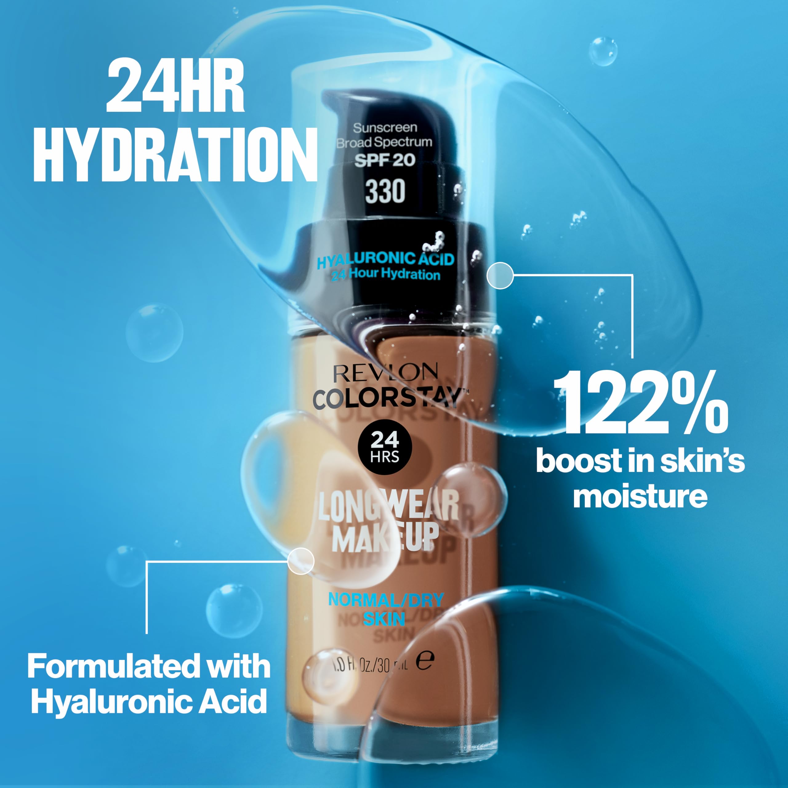 Revlon Liquid Foundation bottle closeup highlights sleek, portable packaging.