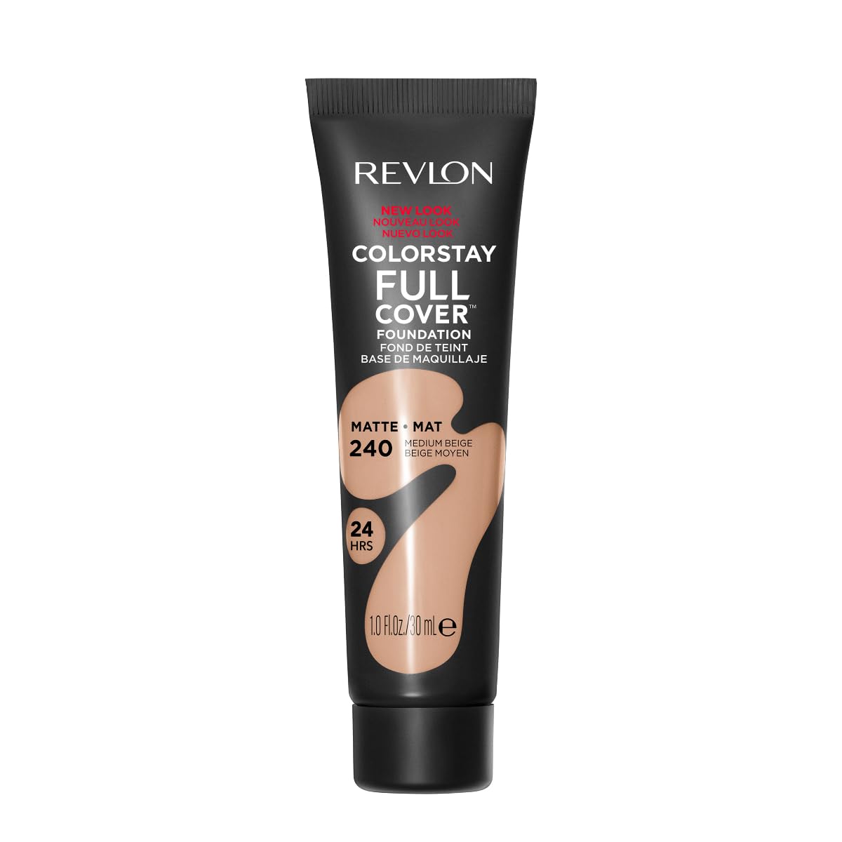 Revlon liquid foundation bottle closeup; matte, all-day wear impression.