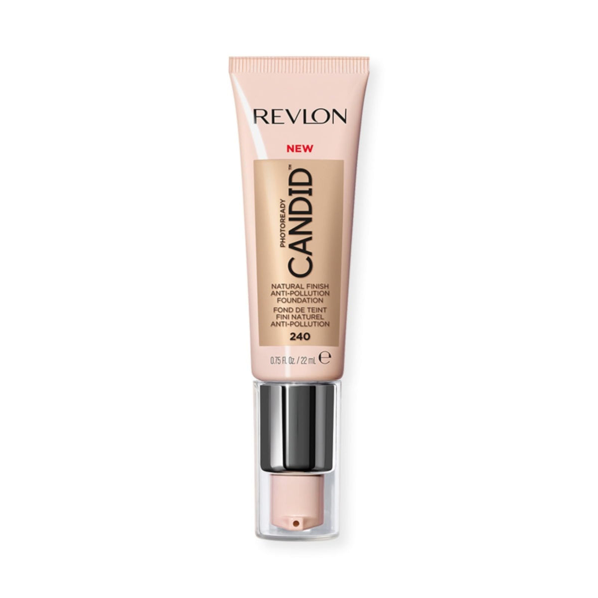Revlon Liquid Foundation pump closeup with natural-glow finish for all-day wear