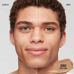 Revlon Liquid Foundation shade 350 Rich Tan swatch shows natural tone match.