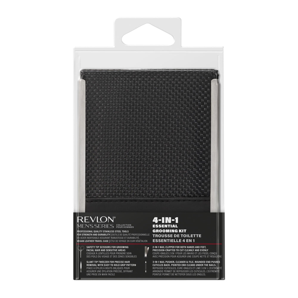 REVLON Men’s Grooming Kit set in hand demonstrates portable grooming solution.