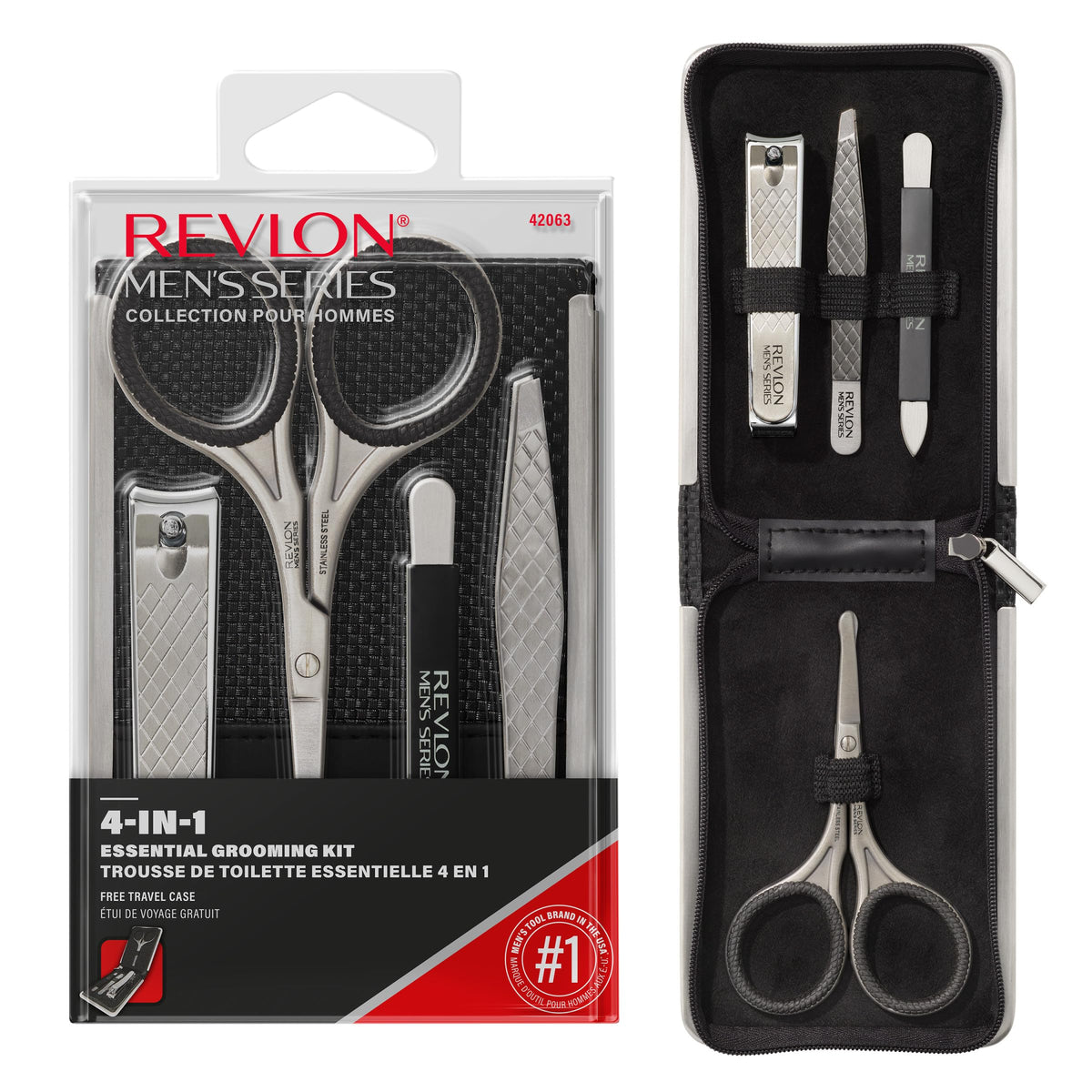 REVLON Men’s Grooming Kit travel case shows premium vegan leather and compact travel-ready design.
