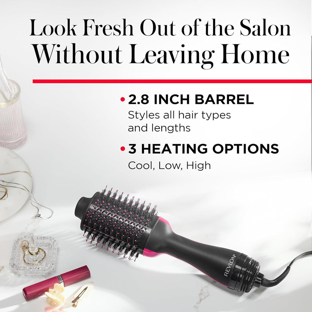 REVLON One-Step oval brush design smooths hair for sleek roots and volume.
