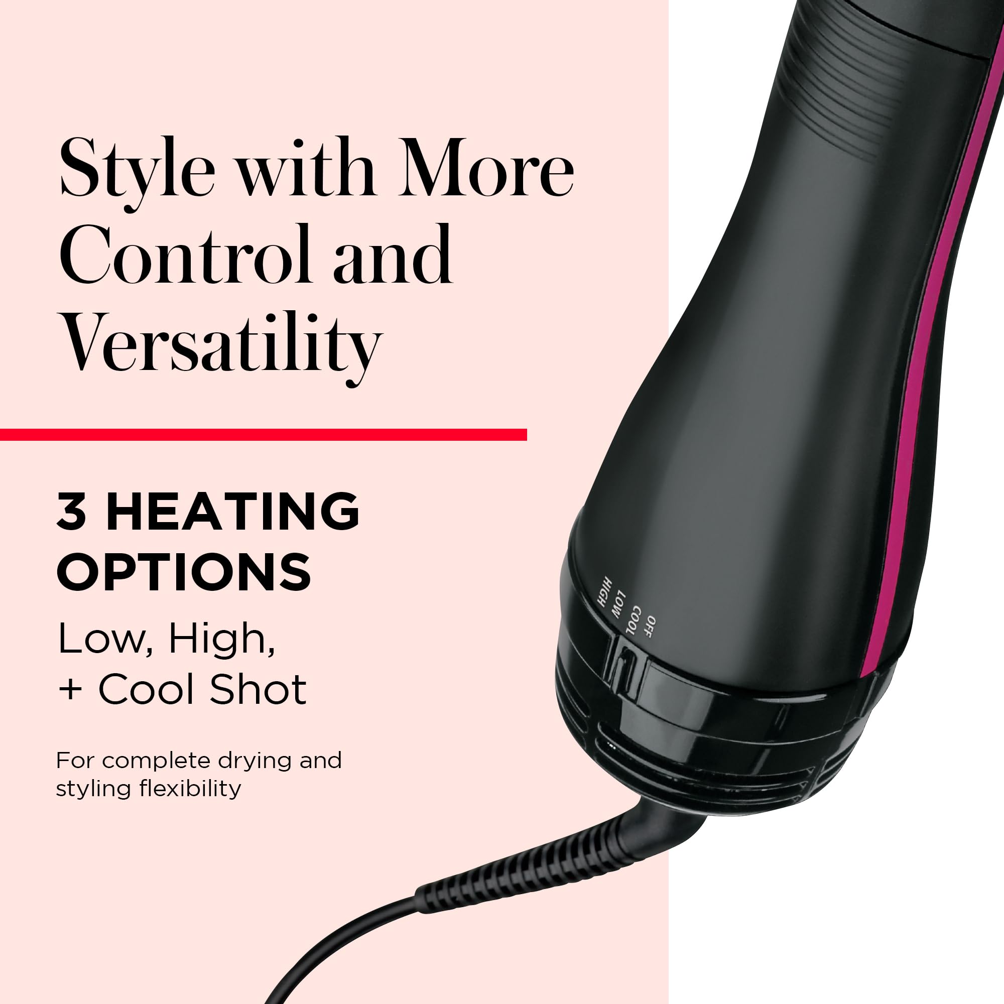 REVLON One-Step 6-ft swivel cord enables smooth movement and detangling ease.