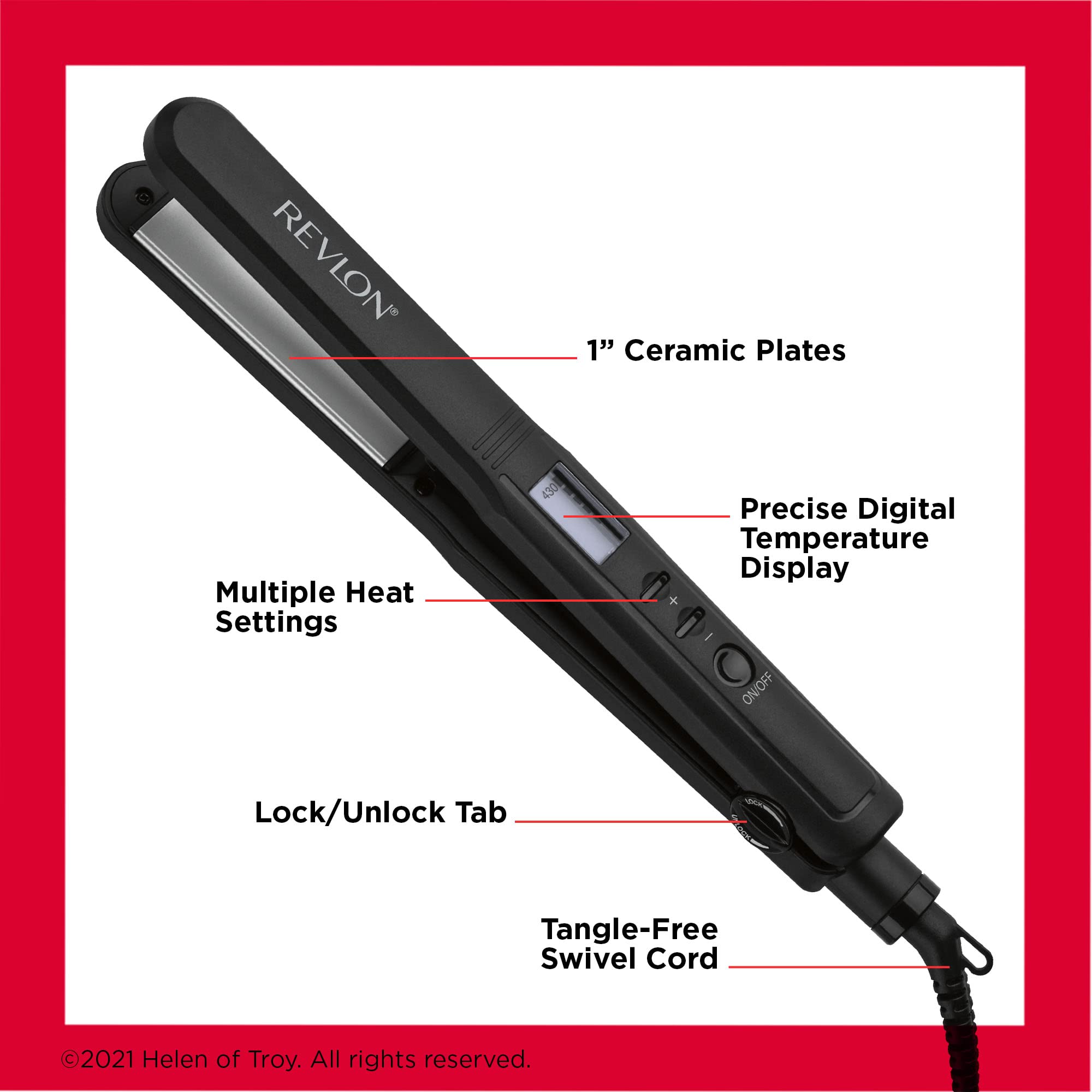 REVLON Perfect Heat flat iron ceramic plates deliver consistent heat across sections.