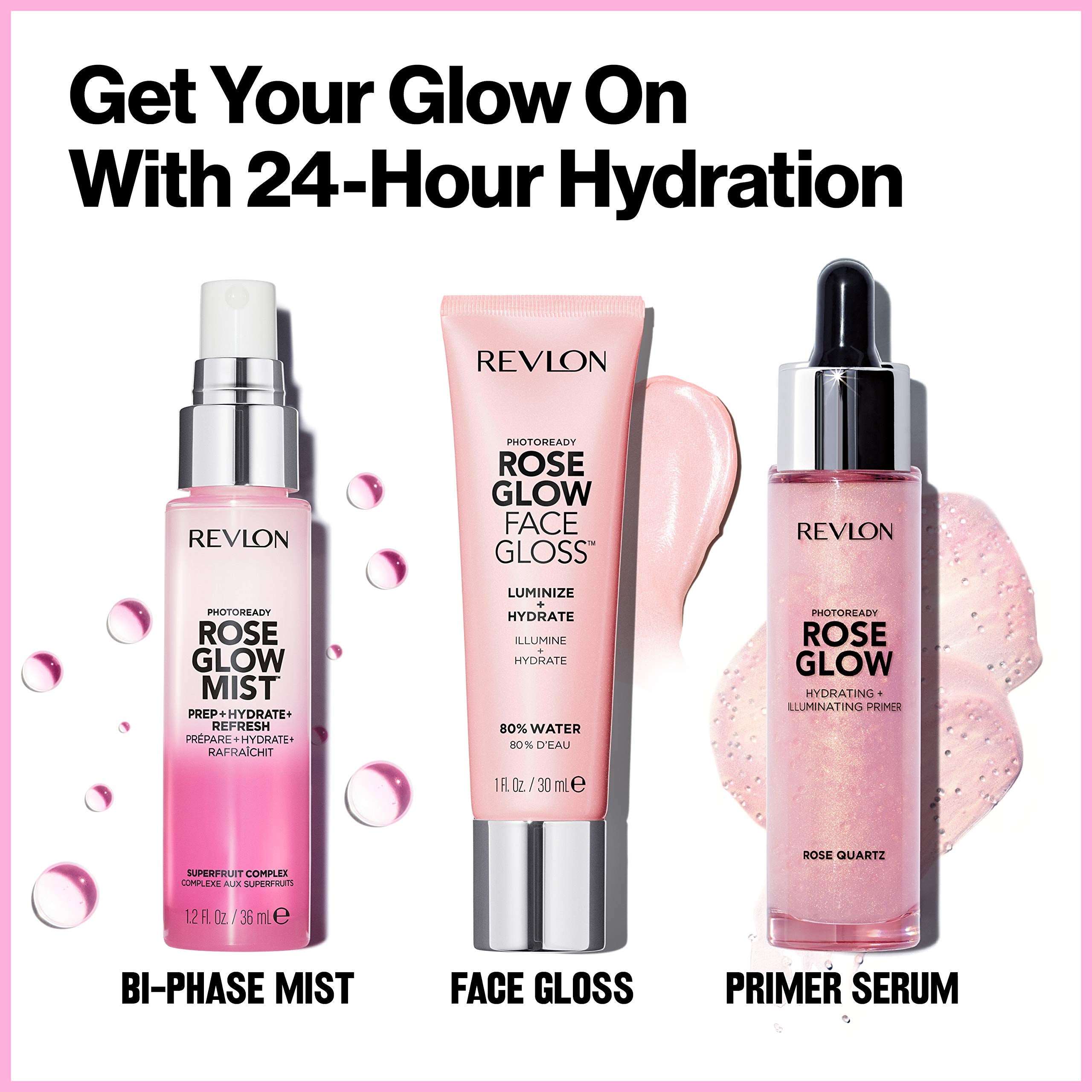 Revlon Rose Glow over-makeup finish adds radiant, glossy veil.