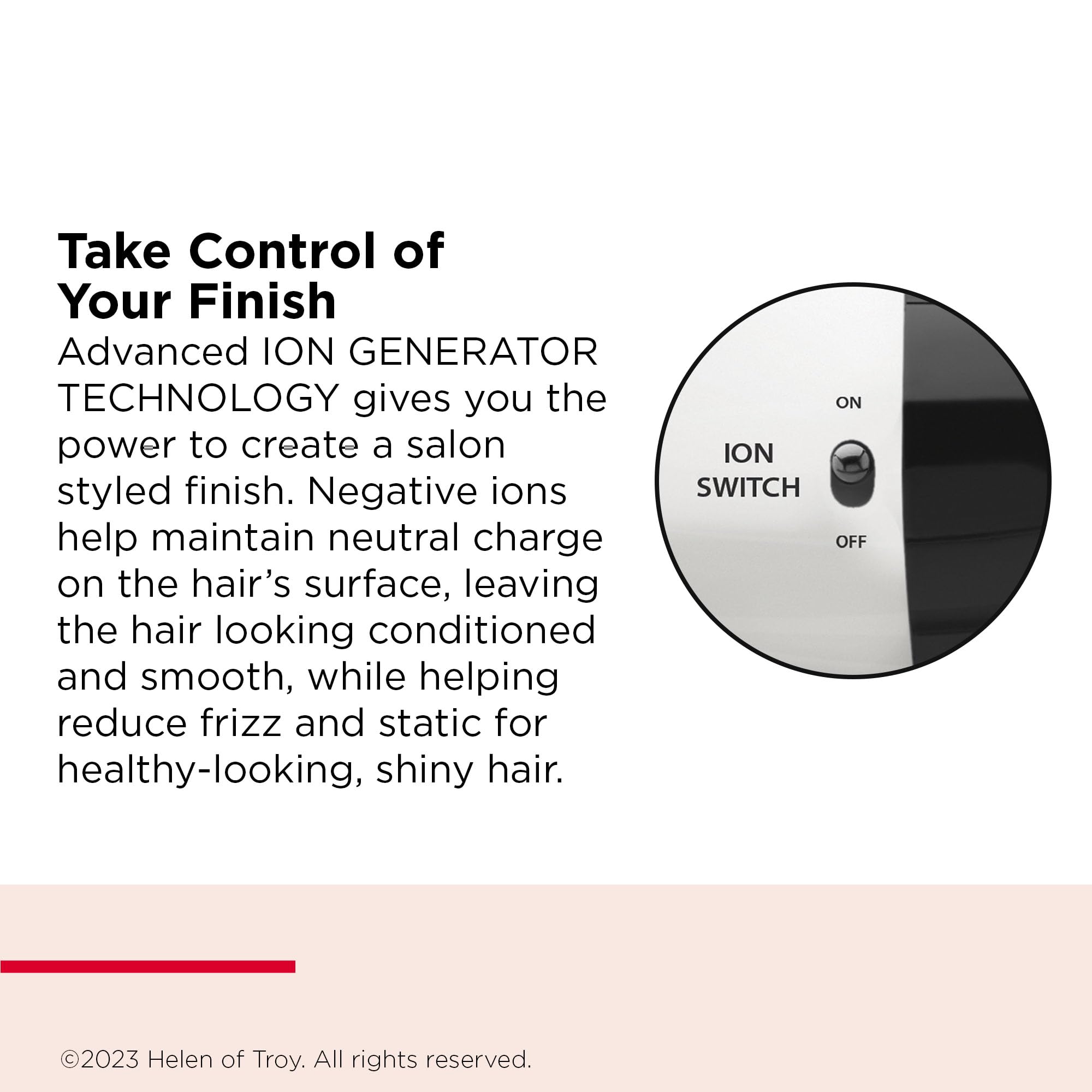 REVLON Shine Booster Ion activation close-up shows frizz control and shine