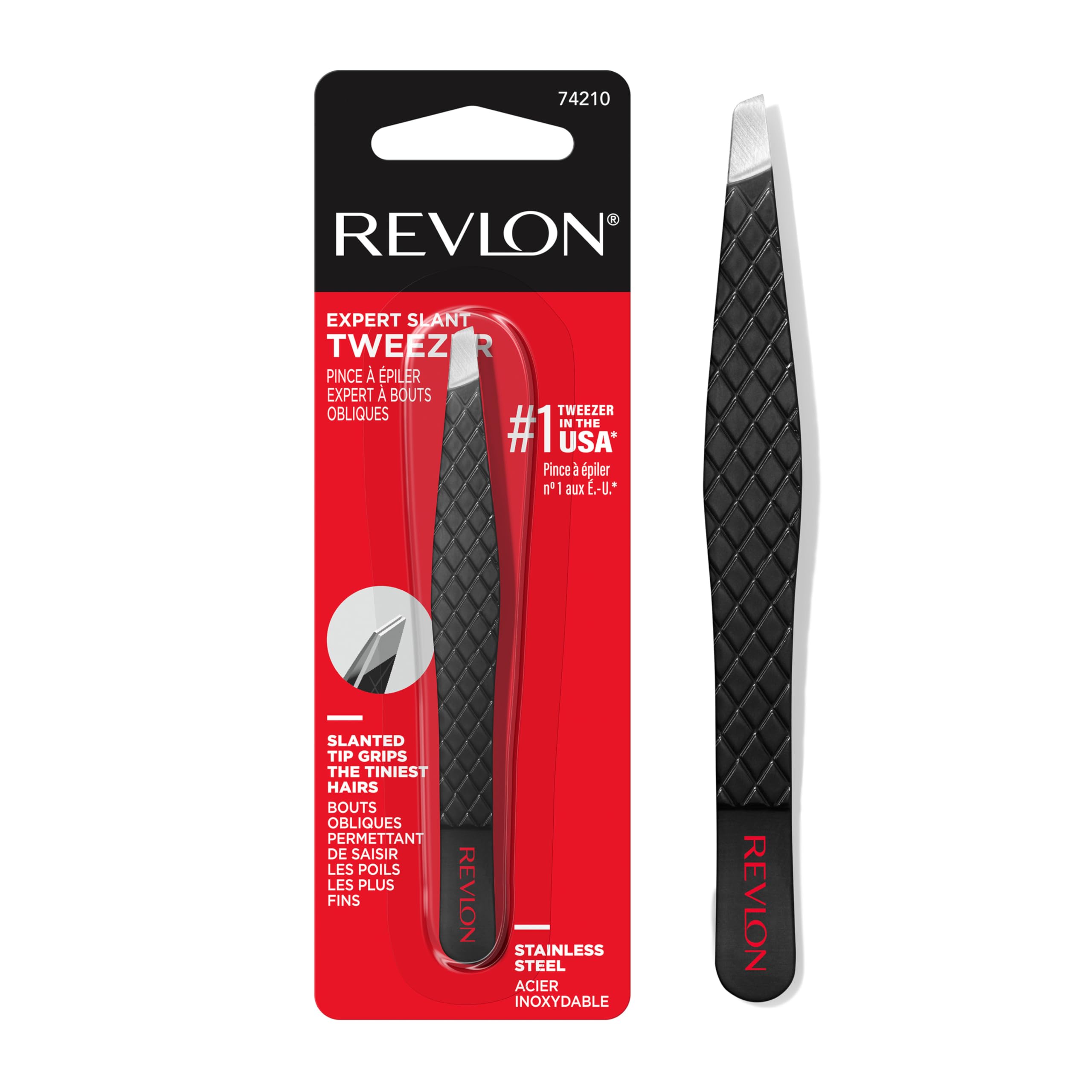 Revlon slant tip tweezer front view shows precise tips for neat brows