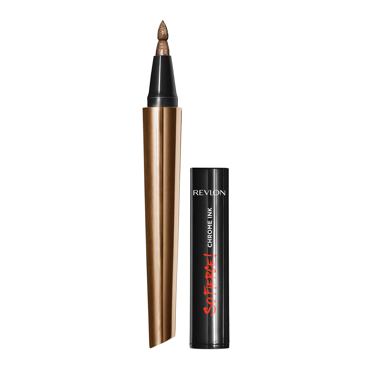 REVLON So Fierce Chrome Ink Bronzage bottle shows molten metal color payoff for bold eyes