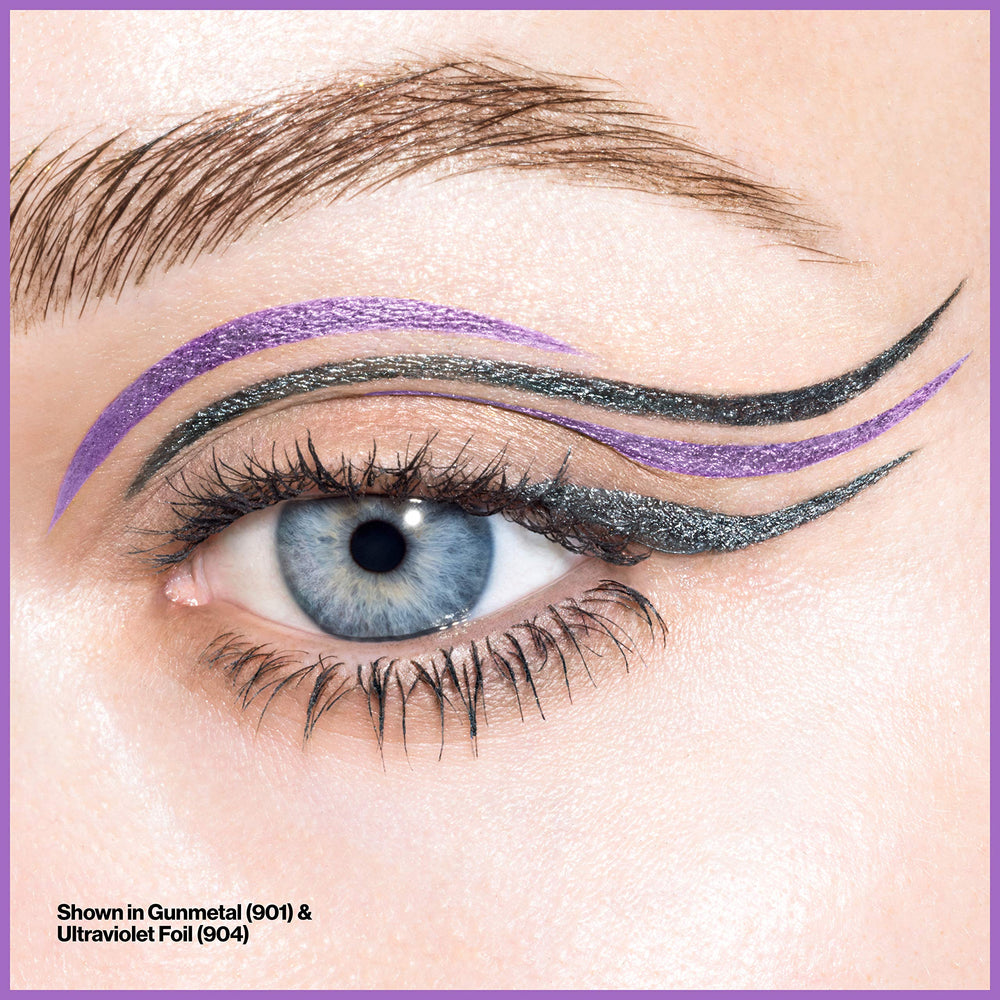 REVLON So Fierce Chrome Ink metallic finish reflects light on the eye.