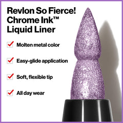 REVLON So Fierce Chrome Ink Ultraviolet Foil swatch highlights reflective metallic finish.